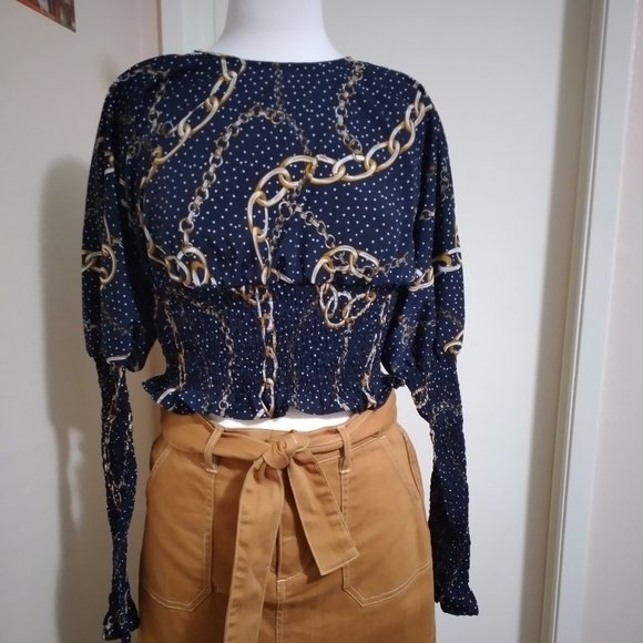 SALE $ NWT Missguided Navy Co Ord Chain Polka Dot Shirred Top US 2 - Picture 5 of 8